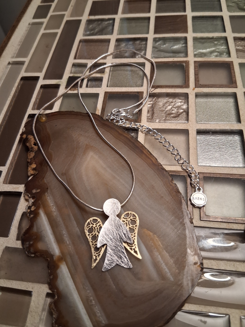 Mixed Metal Angel Pendant Necklace in Silver and Gold